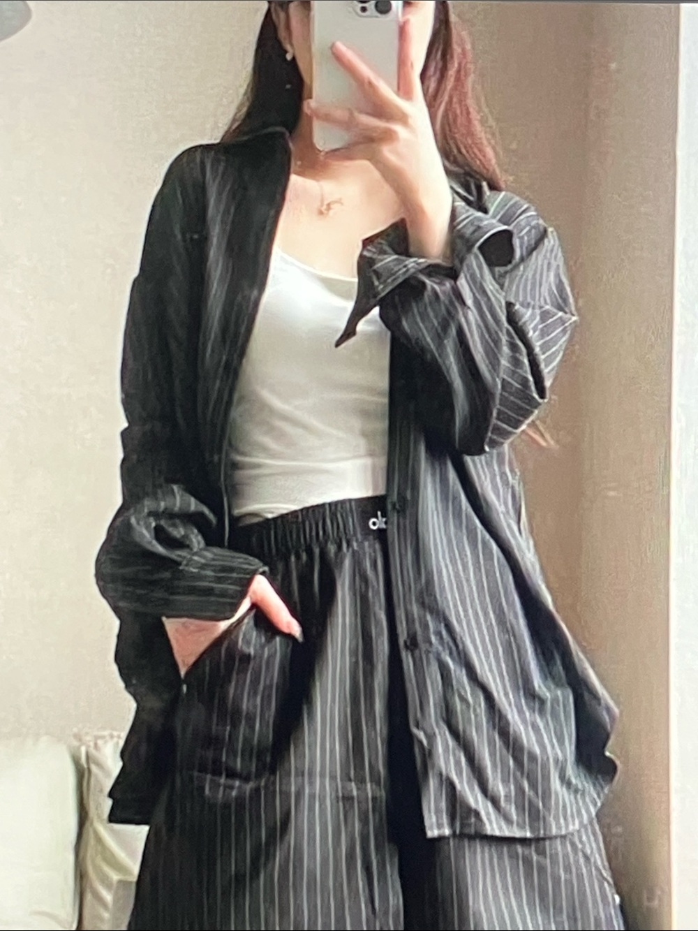 ALO Yoga Black Pinstripe Button-Down Shirt